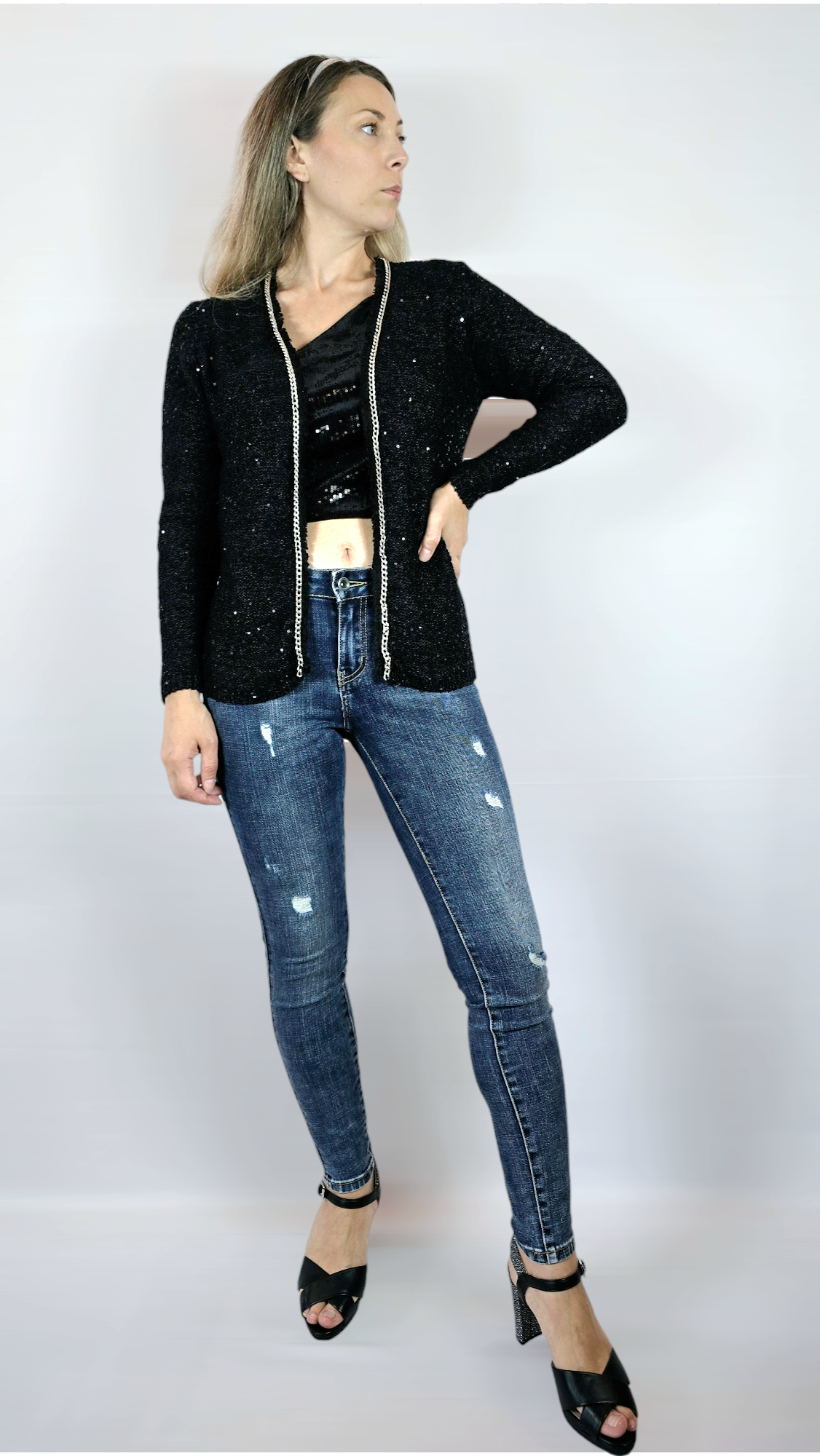 Kofta med paljetter, Svart, S/M