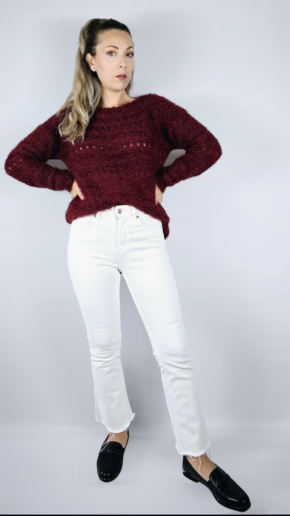 Tjocktröja stickad, Vinröd, S